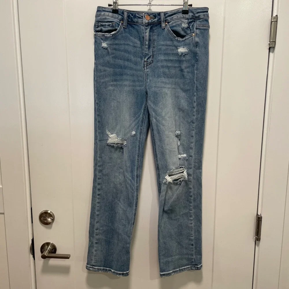 Mica Los Angeles Distressed Straight Leg Jeans Medium Wash MDP-T204 Womens 30